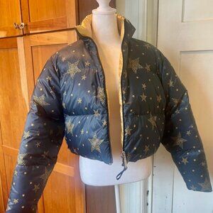 Kate Spade Midnight Blue/Gold Reversible Puffer Jacket with Gold Stars Celestial